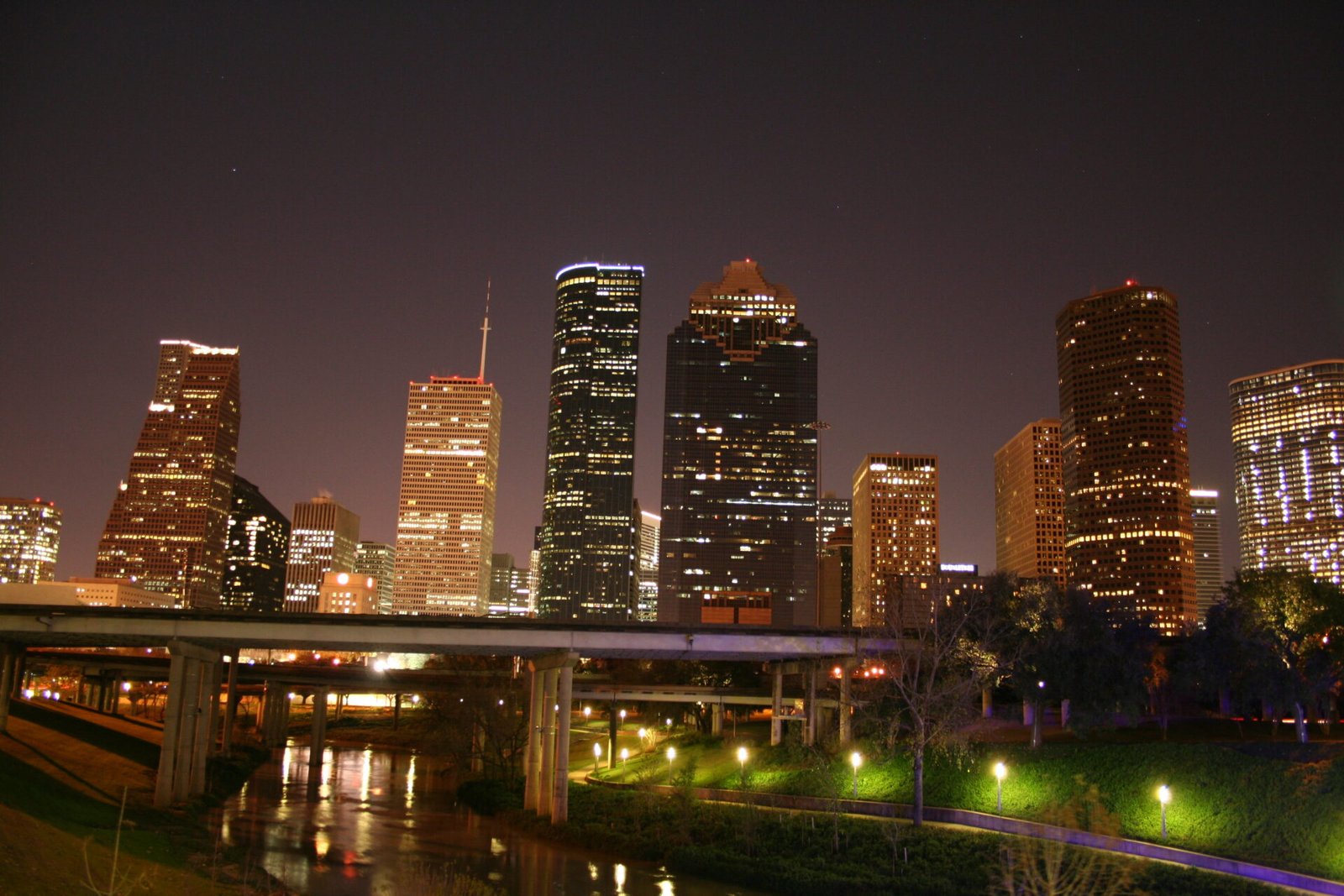 Downtown Houston Texas skyline at night, home of the FIFA Fan Festival EaDo World Cup 2026