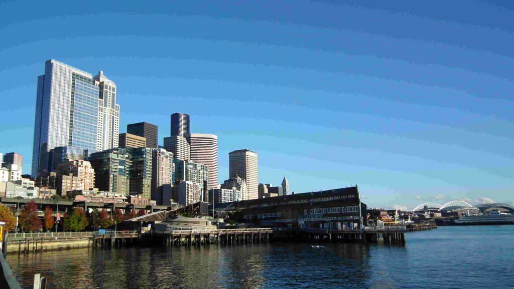 Seattle stadiums skyline at dusk near Lumen Field, site of the Egypt versus Iran World Cup match